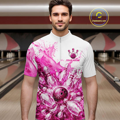 Ice Bowling Polo Shirt Personalized Mens Bowling Shirt Custom Name Team Bowling Outfit|Pink NHT1392