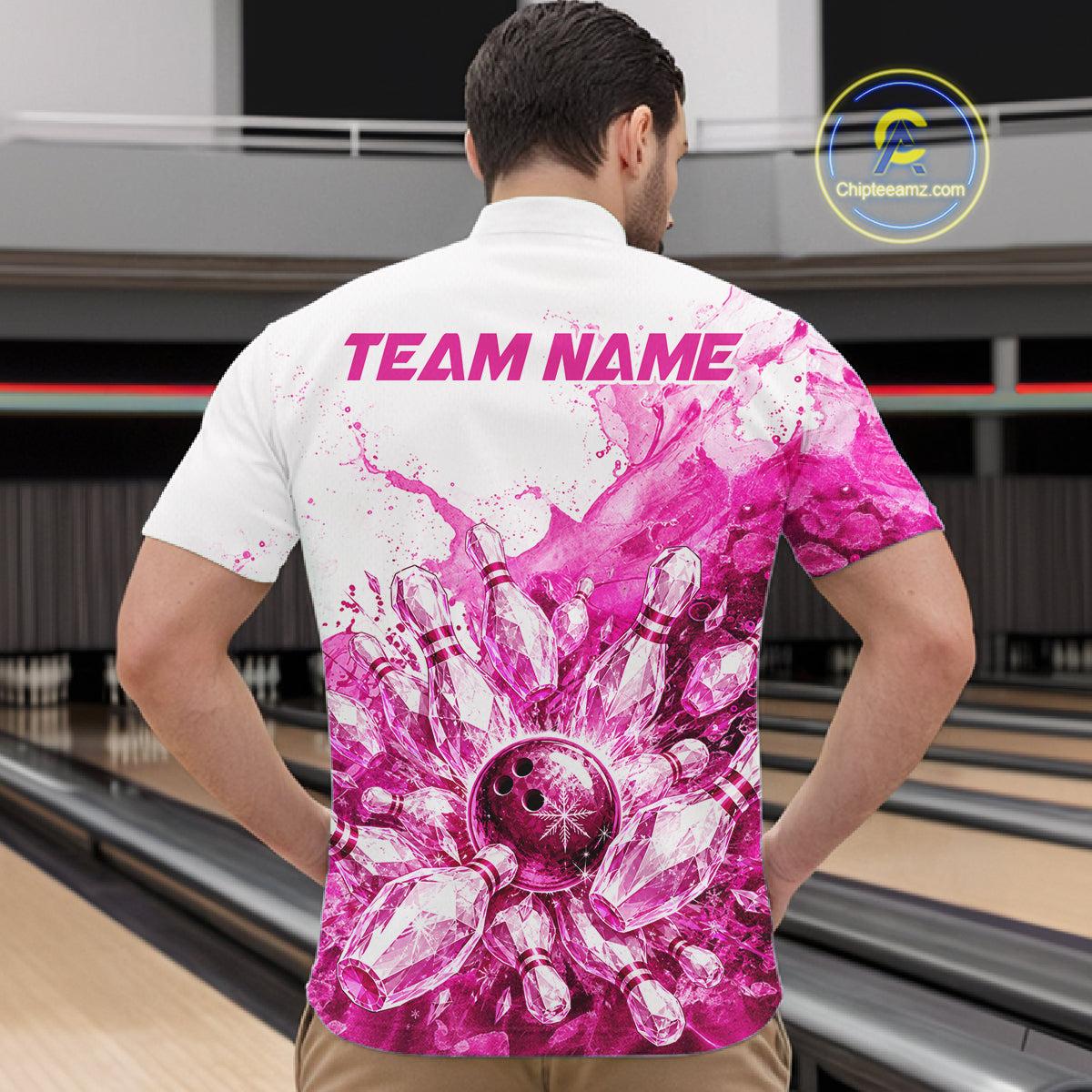 Ice Bowling Polo Shirt Personalized Mens Bowling Shirt Custom Name Team Bowling Outfit|Pink NHT1392