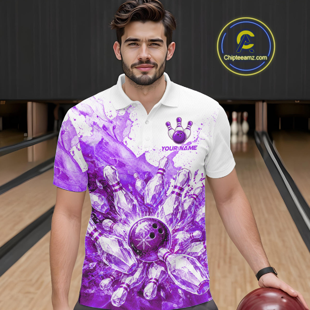 Ice Bowling Polo Shirt Personalized Mens Bowling Shirt Custom Name Team Bowling Outfit|Purple NHT1393