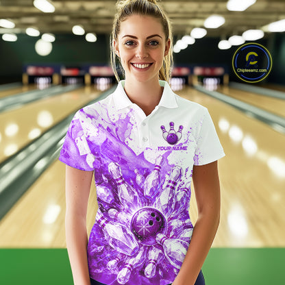 Ice Bowling Polo Shirt Personalized Womens Bowling Shirt Custom Name Team Bowling Outfit|Purple NHT1393