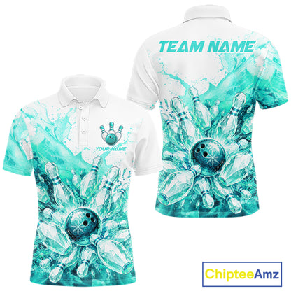 Ice Bowling Polo Shirt Personalized Mens Bowling Shirt Custom Name Team Bowling Outfit|Turquoise NHT1394