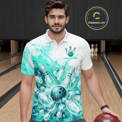 Ice Bowling Polo Shirt Personalized Mens Bowling Shirt Custom Name Team Bowling Outfit|Turquoise NHT1394