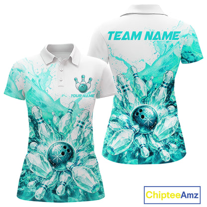 Ice Bowling Polo Shirt Personalized Womens Bowling Shirt Custom Name Team Bowling Outfit|Turquoise NHT1394