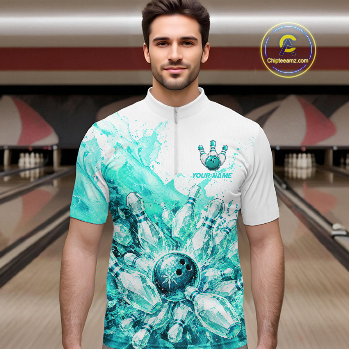 Ice Bowling Polo Shirt Personalized Mens Bowling Shirt Custom Name Team Bowling Outfit|Turquoise NHT1394
