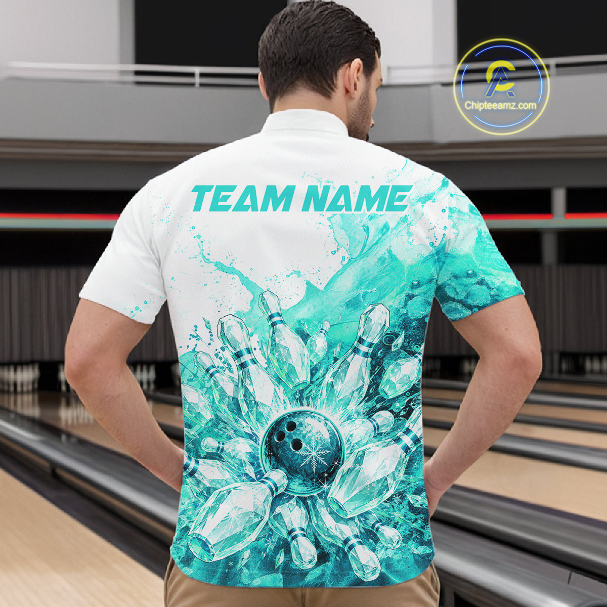 Ice Bowling Polo Shirt Personalized Mens Bowling Shirt Custom Name Team Bowling Outfit|Turquoise NHT1394
