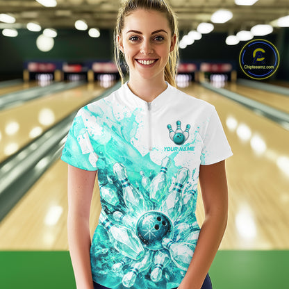 Ice Bowling Polo Shirt Personalized Womens Bowling Shirt Custom Name Team Bowling Outfit|Turquoise NHT1394
