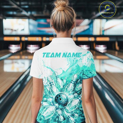 Ice Bowling Polo Shirt Personalized Womens Bowling Shirt Custom Name Team Bowling Outfit|Turquoise NHT1394
