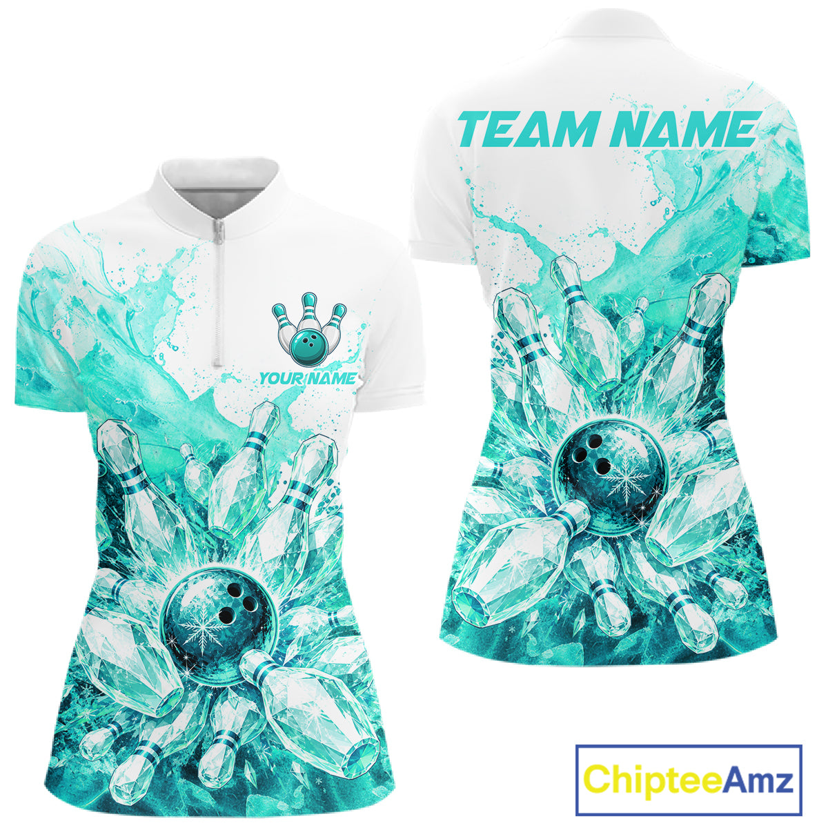 Ice Bowling Polo Shirt Personalized Womens Bowling Shirt Custom Name Team Bowling Outfit|Turquoise NHT1394