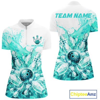 Ice Bowling Polo Shirt Personalized Womens Bowling Shirt Custom Name Team Bowling Outfit|Turquoise NHT1394