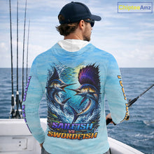 Load image into Gallery viewer, Personalized Sailfish Vs Swordfish Fishing Saltwater Long Sleeve Fishing Shirts NHT419