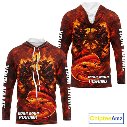 Red Mahi Mahi Fishing Shirts Long Sleeve Hooded, Personalized Men's Fishing Shirt NHT420