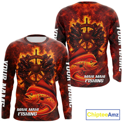 Red Mahi Mahi Fishing Shirts Long Sleeve, Personalized Men's Fishing Shirt NHT420