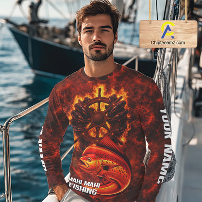 Red Mahi Mahi Fishing Shirts Long Sleeve, Personalized Men's Fishing Shirt NHT420
