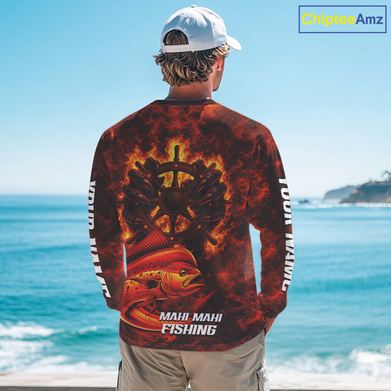 Red Mahi Mahi Fishing Shirts Long Sleeve, Personalized Men's Fishing Shirt NHT420