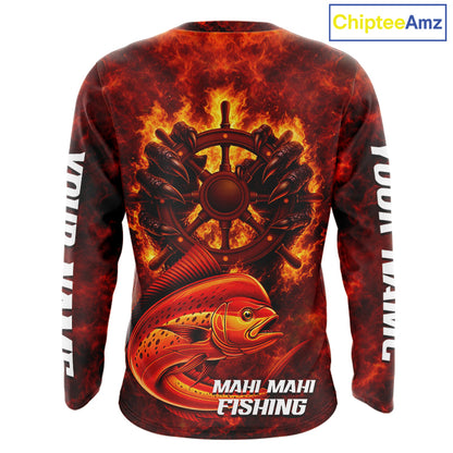 Red Mahi Mahi Fishing Shirts Long Sleeve, Personalized Men's Fishing Shirt NHT420