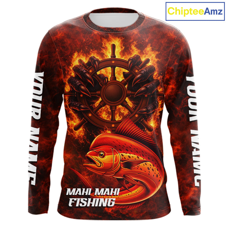 Red Mahi Mahi Fishing Shirts Long Sleeve, Personalized Men's Fishing Shirt NHT420