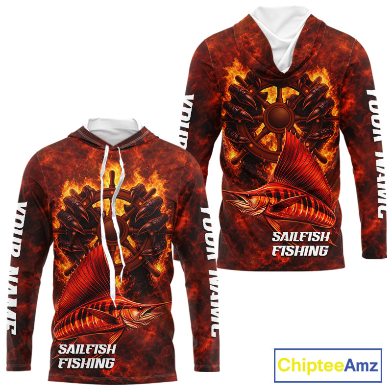 Red Sailfish Fishing Shirts Long Sleeve Hooded, Personalized Men's Fishing Shirt NHT421