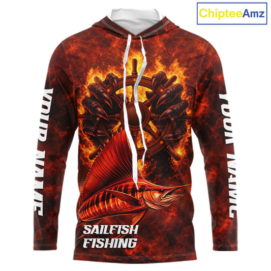 Red Sailfish Fishing Shirts Long Sleeve Hooded, Personalized Men's Fishing Shirt NHT421