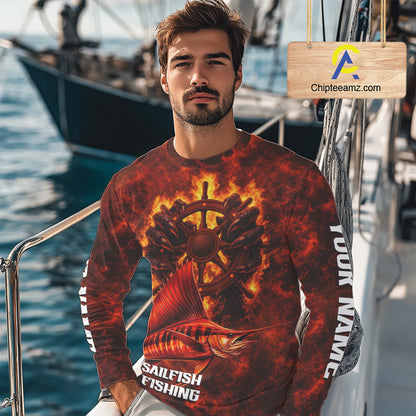 Red Sailfish Fishing Shirts Long Sleeve, Personalized Men's Fishing Shirt NHT421