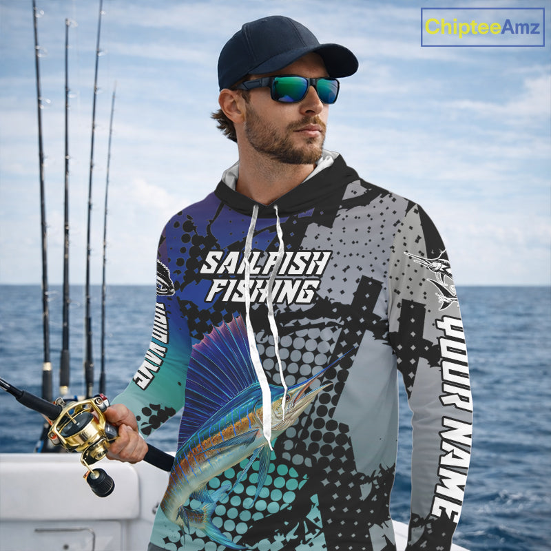 Sailfish Hooded Fishing Shirt Blue Camo Custom Name, Sailfish Fishing Team Jerseys NHT475