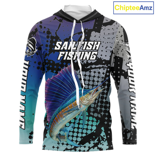 Sailfish Hooded Fishing Shirt Blue Camo Custom Name, Sailfish Fishing Team Jerseys NHT475