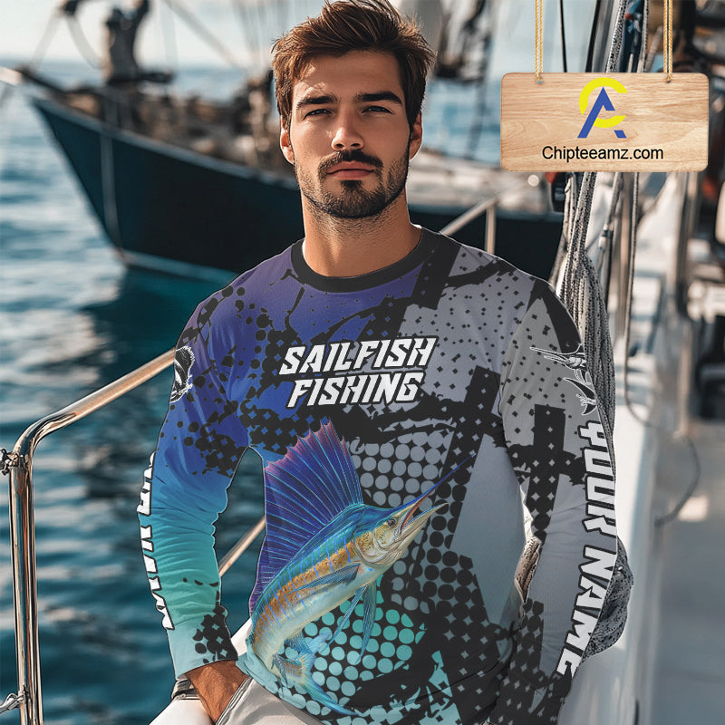 Sailfish Fishing Shirt Blue Camo Custom Name, Sailfish Fishing Team Jerseys NHT475