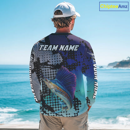 Sailfish Fishing Shirt Blue Camo Custom Name, Sailfish Fishing Team Jerseys NHT475