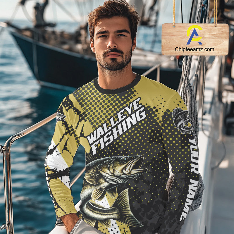 Personalized Walleye Fishing Shirts Long Sleeve, Yellow Camo Walleye Fishing Shirts NHT483