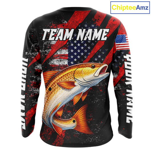 Patriotic Redfish Fishing Jersey, Fishing Shirts Long Sleeve Custom Name For Men NHT485