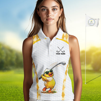 Custom Yellow & White Funny Duck Golf Shirt For Womens Sleeveless, Golf Jersey Argyle Pattern For Womens NHT559