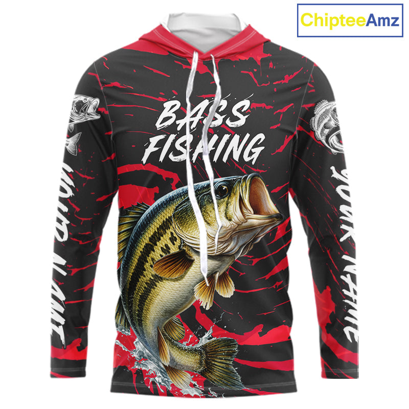 Custom Largemouth Bass Fishing Shirts Long Sleeve Hooded – Performance Tournament Jersey For Men| Red NHT769
