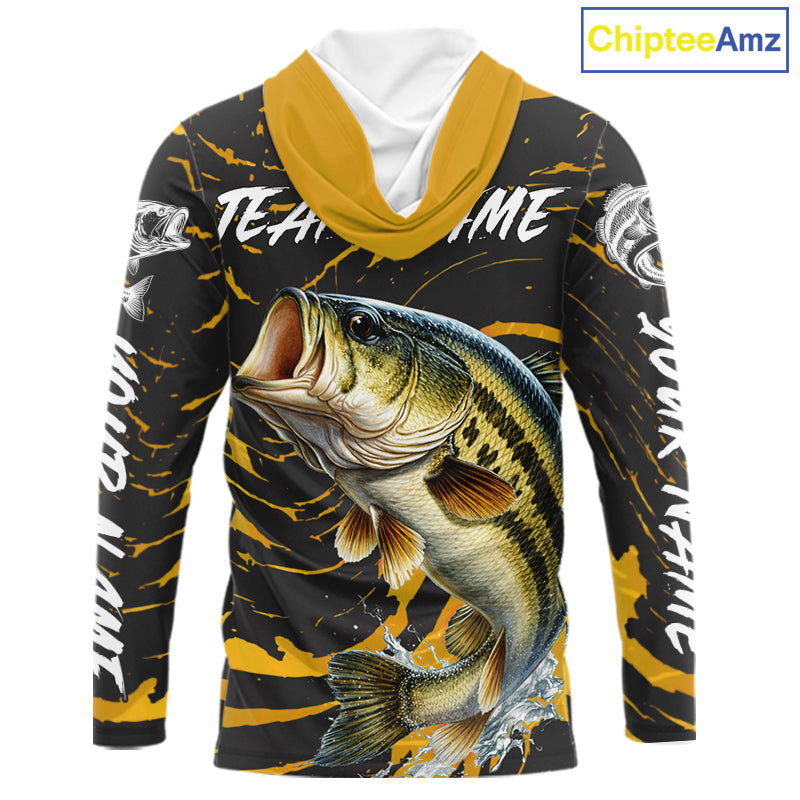 Custom Largemouth Bass Fishing Shirts Long Sleeve Hooded – Performance Tournament Jersey For Men| Yellow NHT770