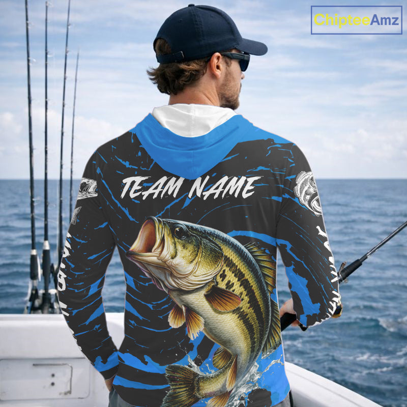 Custom Largemouth Bass Fishing Shirts Long Sleeve Hooded – Performance Tournament Jersey For Men| Blue NHT771