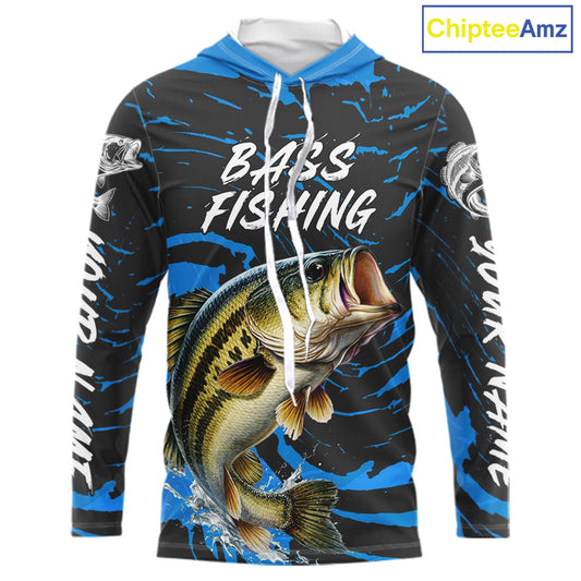 Custom Largemouth Bass Fishing Shirts Long Sleeve Hooded – Performance Tournament Jersey For Men| Blue NHT771