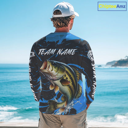 Custom Largemouth Bass Fishing Shirts Long Sleeve – Performance Tournament Jersey For Men| Blue NHT771