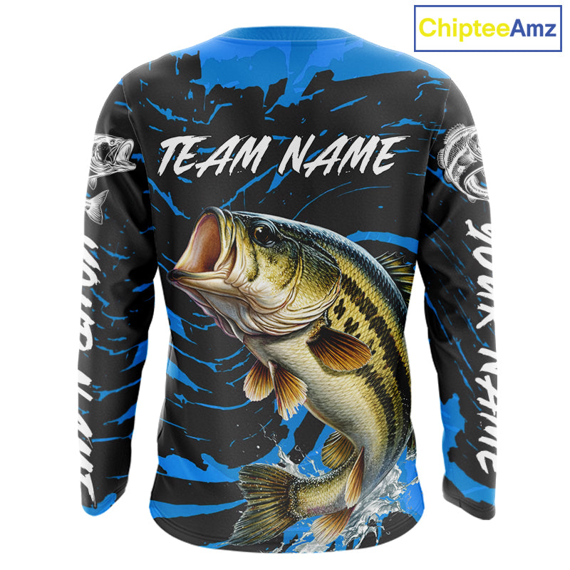 Custom Largemouth Bass Fishing Shirts Long Sleeve – Performance Tournament Jersey For Men| Blue NHT771
