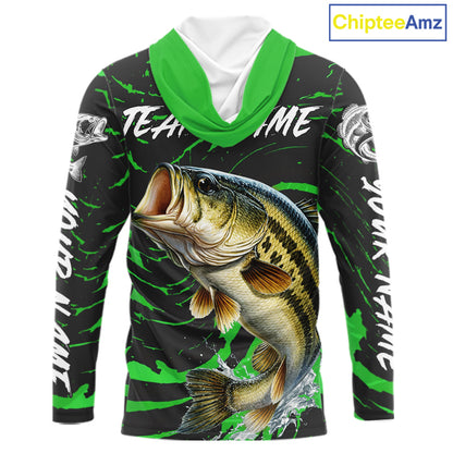 Custom Largemouth Bass Fishing Shirts Long Sleeve Hooded – Performance Tournament Jersey For Men| Green NHT772
