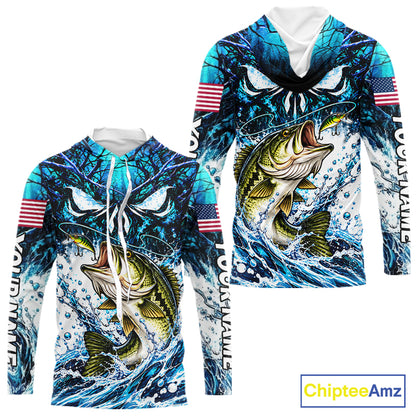 Jumping Bass Catch Lure Hooded Fishing Shirt Personalized Monster Eyes Splash Blue Water Outdoor Apparel NHT1733