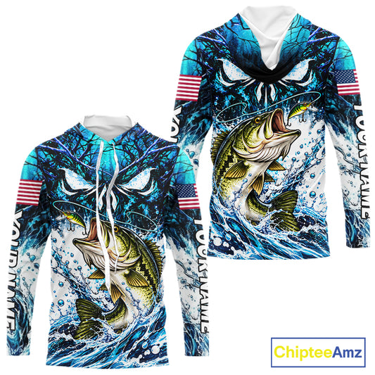 Jumping Bass Catch Lure Hooded Fishing Shirt Personalized Monster Eyes Splash Blue Water Outdoor Apparel NHT1733