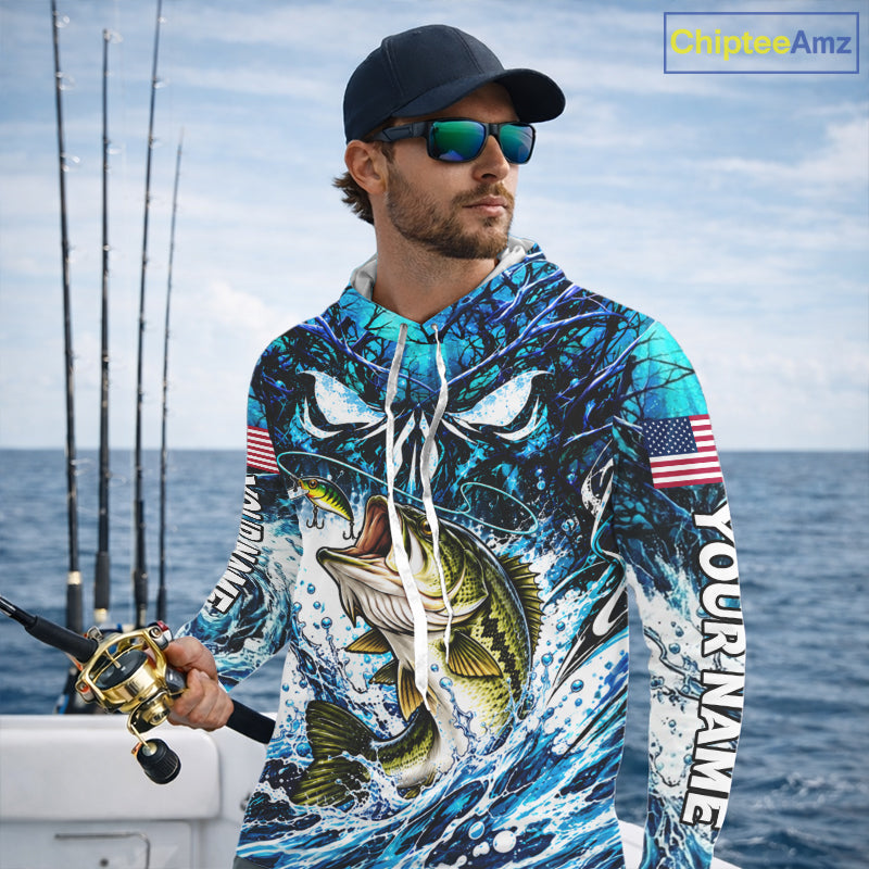 Jumping Bass Catch Lure Hooded Fishing Shirt Personalized Monster Eyes Splash Blue Water Outdoor Apparel NHT1733