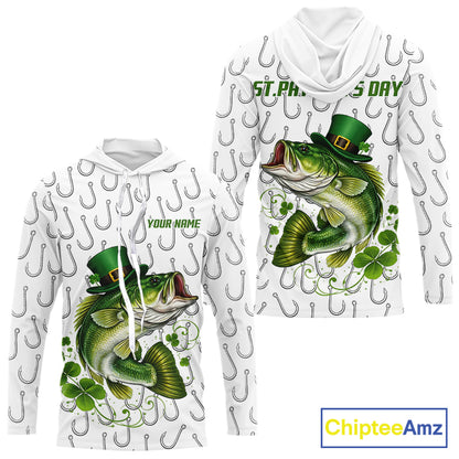 Custom St Patrick's Day Bass Fishing Long Sleeve Hooded Shirt For Men, Fishing Shirts NHT423