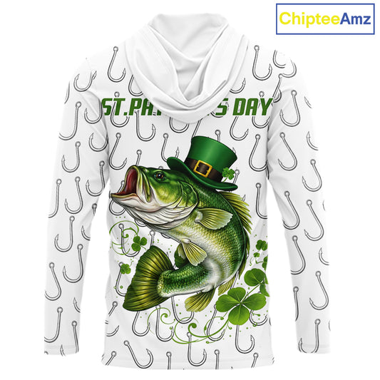 Custom St Patrick's Day Bass Fishing Long Sleeve Hooded Shirt For Men, Fishing Shirts NHT423
