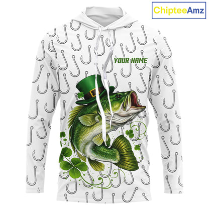 Custom St Patrick's Day Bass Fishing Long Sleeve Hooded Shirt For Men, Fishing Shirts NHT423