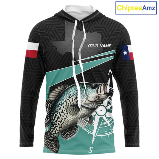 Texas Crappie Fishing Jersey, Texas Flag Patriot Custom Name Hooded Fishing Shirts Long Sleeve NHT568