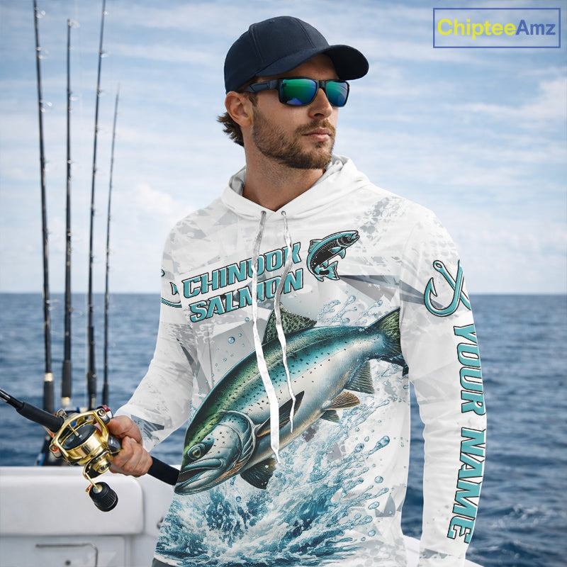 Personalized Chinook Salmon Fishing Jerseys, Salmon Long Sleeve Fishing Shirts Hooded For Men NHT571