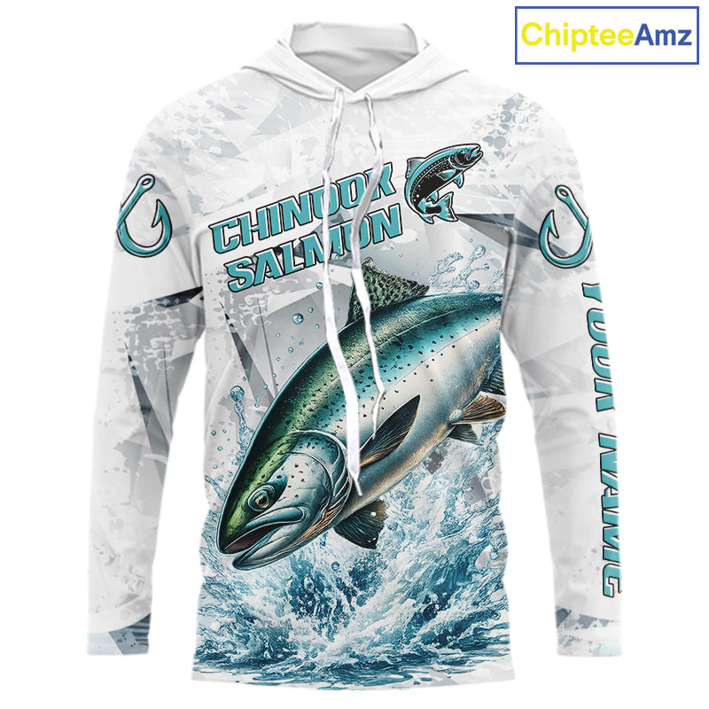 Personalized Chinook Salmon Fishing Jerseys, Salmon Long Sleeve Fishing Shirts Hooded For Men NHT571