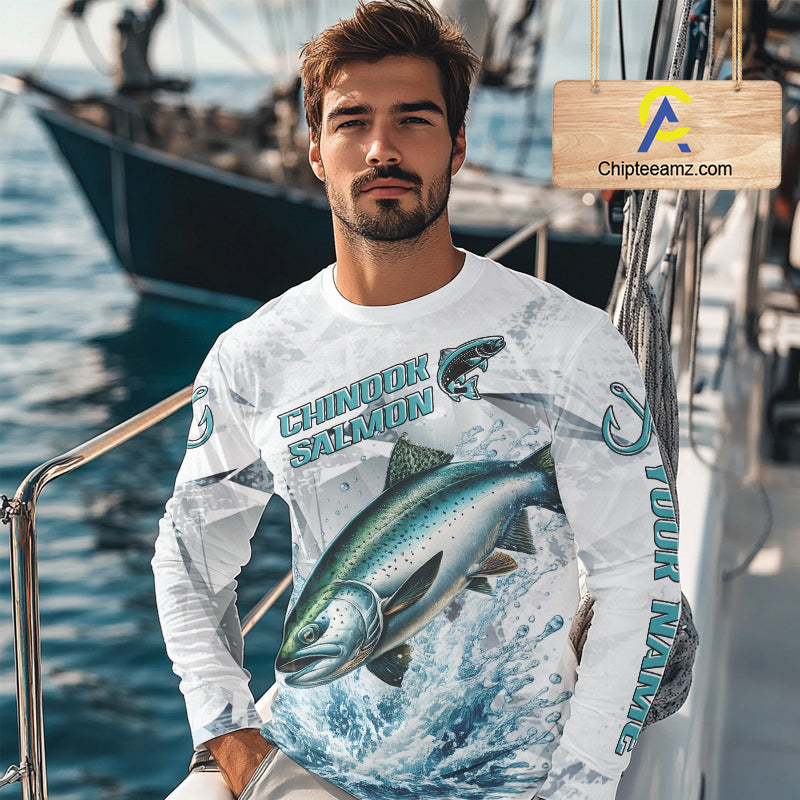 Personalized Chinook Salmon Fishing Jerseys, Salmon Long Sleeve Fishing Shirts For Men NHT571