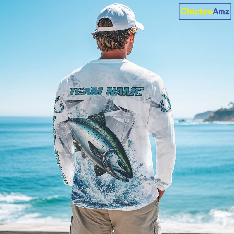 Personalized Chinook Salmon Fishing Jerseys, Salmon Long Sleeve Fishing Shirts For Men NHT571