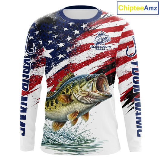 Personalized Patriotic Bass Fishing Shirts Long Sleeve, American Flag Fishing Jerseys For Men NHT773
