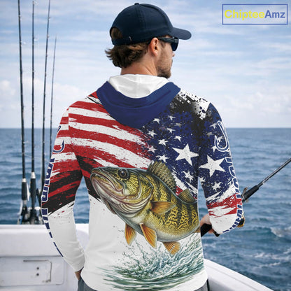Personalized Patriotic Walleye Fishing Shirts Long Sleeve Hooded , American Flag Fishing Jerseys For Men NHT774